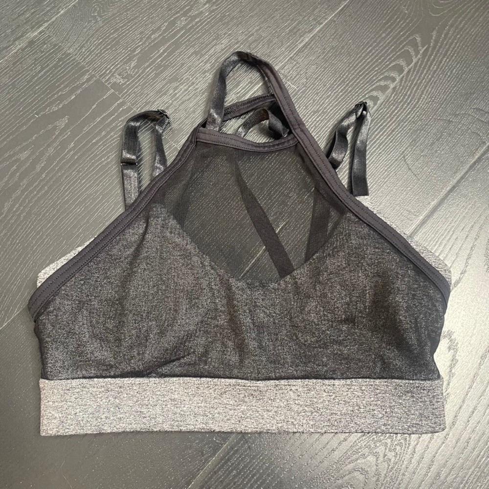 Champion High Neck Mesh Sports Bra Charcoal Gray Heathered‎ Strappy Racerback